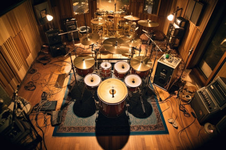 top-down angle of a custom drum set in a studio, created with generative aiの素材