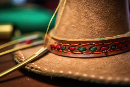 hand-stitching detail on a custom-made hat brim, created with generative aiの素材