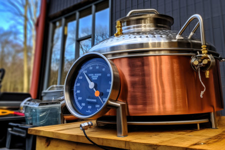 temperature gauge on outdoor homebrewing kettle, created with generative aiの素材
