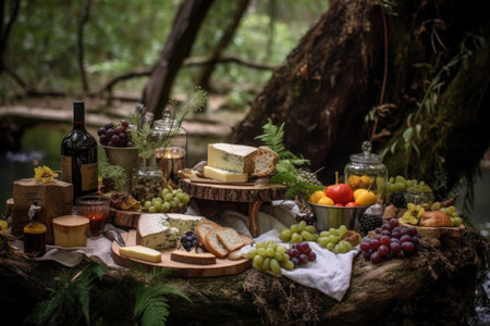 rustic cheese and wine picnic setting in nature, created with generative aiの素材
