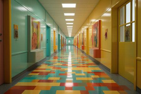 hospital corridor with colorful floor tiles, created with generative aiの素材