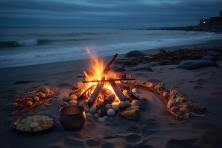lobster and clams cooking over beach bonfire, created with generative aiの素材