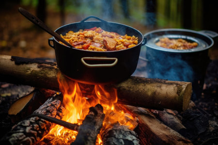 skimming spoon stirring jambalaya in pot over open fire, created with generative aiの素材