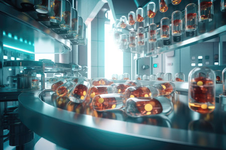 robotic arm filling medicine capsules in a factory, created with generative aiの素材