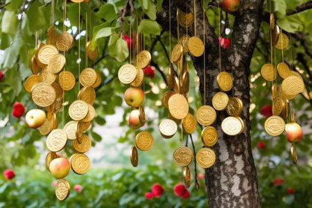 golden coins hanging from tree like fruits, created with generative aiの素材