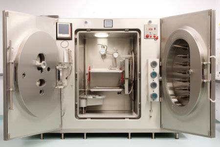 steam sterilizer machine with open door and instruments inside, created with generative aiの素材
