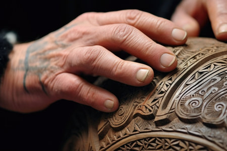 close-up of hands carving drum shell patterns, created with generative aiの素材
