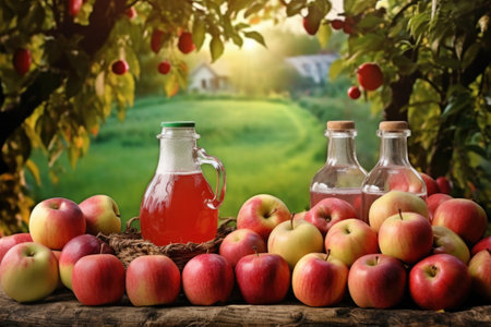 apple cider in glass bottles with orchard background, created with generative aiの素材