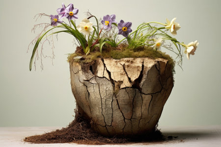 soil and roots exposed from fallen flower pot, created with generative aiの素材