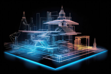 hologram of a complex architectural blueprint, created with generative aiの素材