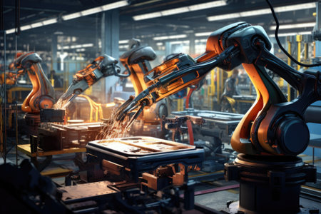 robotic arm assembling parts in production line, created with generative aiの素材