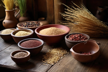 assortment of ancient grains in wooden bowls on rustic table, created with generative aiの素材