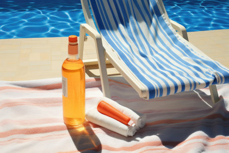 sunscreen bottle and beach towel on sun lounger, created with generative aiの素材
