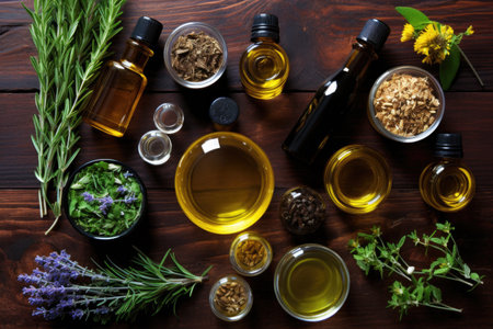 top view of essential oil bottles and ingredients, created with generative aiの素材