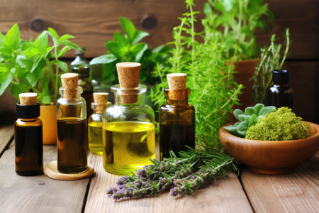 essential oil bottles with fresh herbs around, created with generative aiの素材