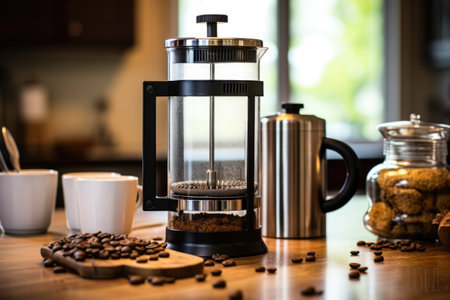 french press coffee maker with timer and coffee grounds, created with generative aiの素材