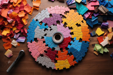 top view of a colorful puzzle being assembled, created with generative aiの素材
