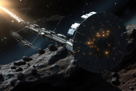 solar-powered asteroid mining machine in action, created with generative aiの素材
