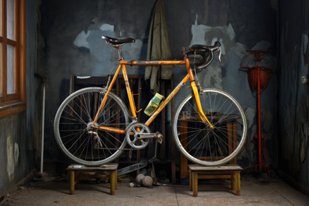 front view of a bicycle on a repair stand, created with generative aiの素材