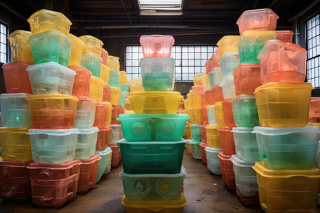 stacked eco-friendly plastic containers in a factory, created with generative aiの素材