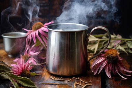 steaming echinacea tea in a metal mug by campfire light, created with generative aiの素材