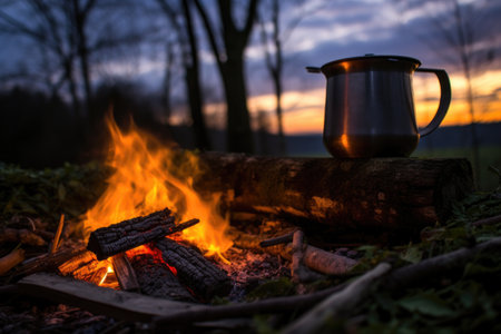 glowing campfire at dusk with kettle brewing nettle tea, created with generative aiの素材