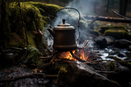 boiling water in a rustic kettle over campfire, created with generative aiの素材