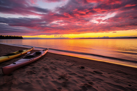 kayaks on a sandy beach with vibrant sunset sky, created with generative aiの素材