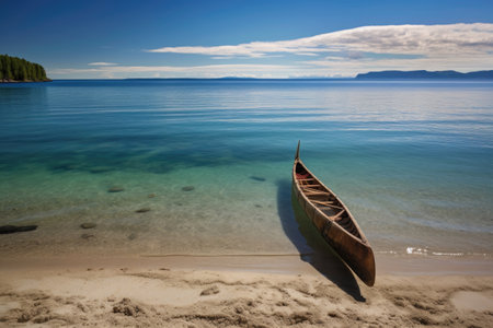 canoe launching from a sandy beach, entering turquoise waters, created with generative aiの素材