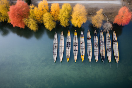 aerial view of canoes lined up on a tranquil lakeshore, created with generative aiの素材