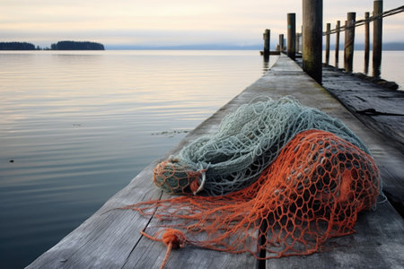 empty fishing net on a dock, symbolizing low catch, created with generative aiの素材