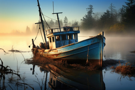 fishing boat sitting idle, symbolizing job loss, created with generative aiの素材