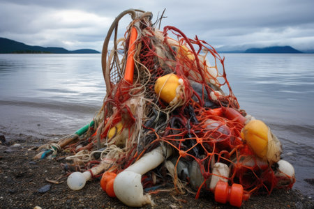 pile of discarded plastic fishing gear on shore, created with generative aiの素材