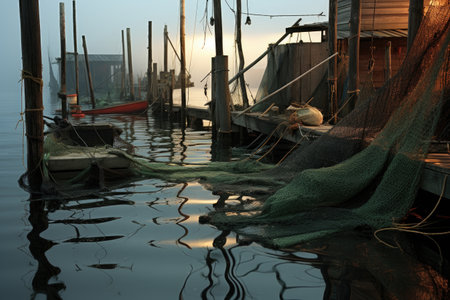 empty fishing nets by a dock, representing low catch, created with generative aiの素材