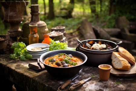 rustic outdoor setting for enjoying cooked bouillabaisse, created with generative aiの素材