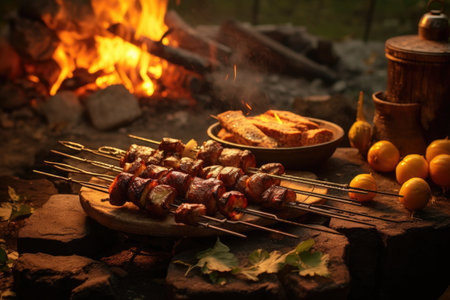 rustic campfire with shashlik skewers cast in golden light, created with generative aiの素材