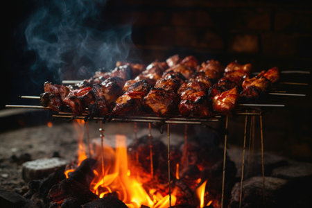 charred shashlik on skewers over hot coals, created with generative aiの素材