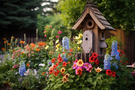 a birdhouse on a wooden post surrounded by flowers, created with generative aiの素材