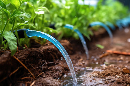 close-up of drip irrigation hose connected to a water source, created with generative aiの素材