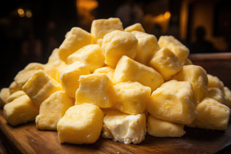 close-up of freshly made cheese curds, created with generative aiの素材