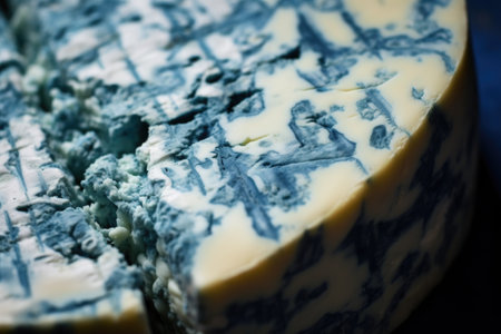 macro shot of blue mold veins in a blue cheese wheel, created with generative aiの素材