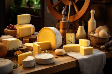 close-up of freshly made cheese wheels on wooden table, created with generative aiの素材