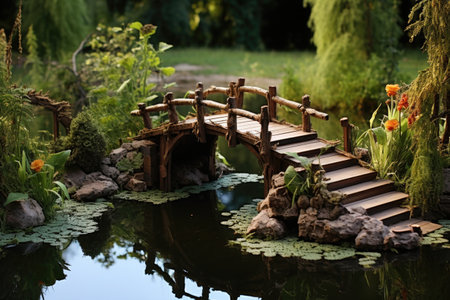 handmade wooden pond bridge over a serene pond, created with generative aiの素材