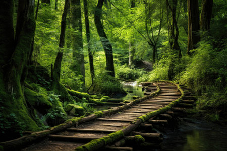 wooden trail leading through lush green forest, created with generative aiの素材