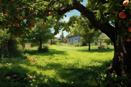 homegrown fruit trees surrounded by lush green grass, created with generative aiの素材