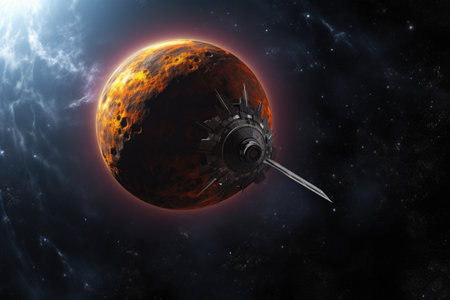 3d model of an advanced spacecraft orbiting an exoplanet, created with generative aiの素材