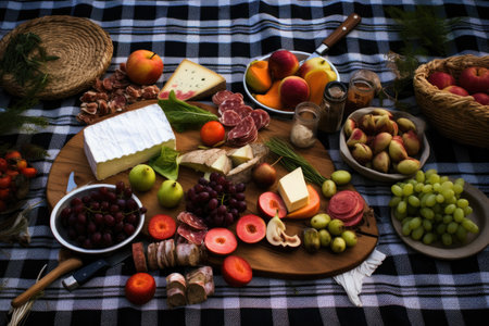 foraged food laid out on a picnic blanket, created with generative aiの素材