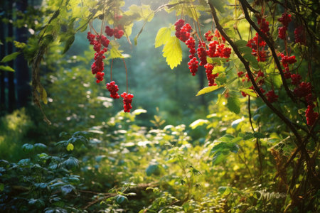 wild berries on a bush, sunlit forest background, created with generative aiの素材