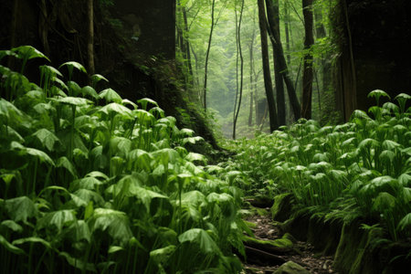 wild garlic stems in a forest setting, created with generative aiの素材