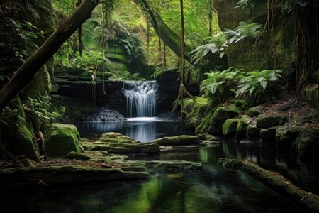 serene forest waterfall with vibrant greenery, created with generative aiの素材